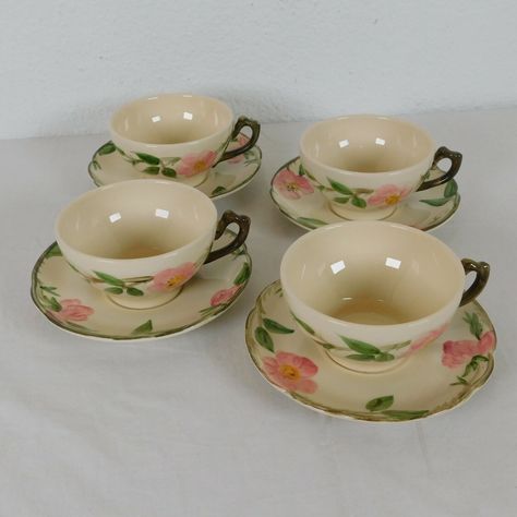 Set of 4 Franciscan Desert Rose Flat Cup Saucer 1964 Backstamp Made in USA Franciscan Desert Rose, Desert Rose, Cup Saucer, Cup And Saucer Set, Cup And Saucer, Made In Usa, Tea Cups, Tableware