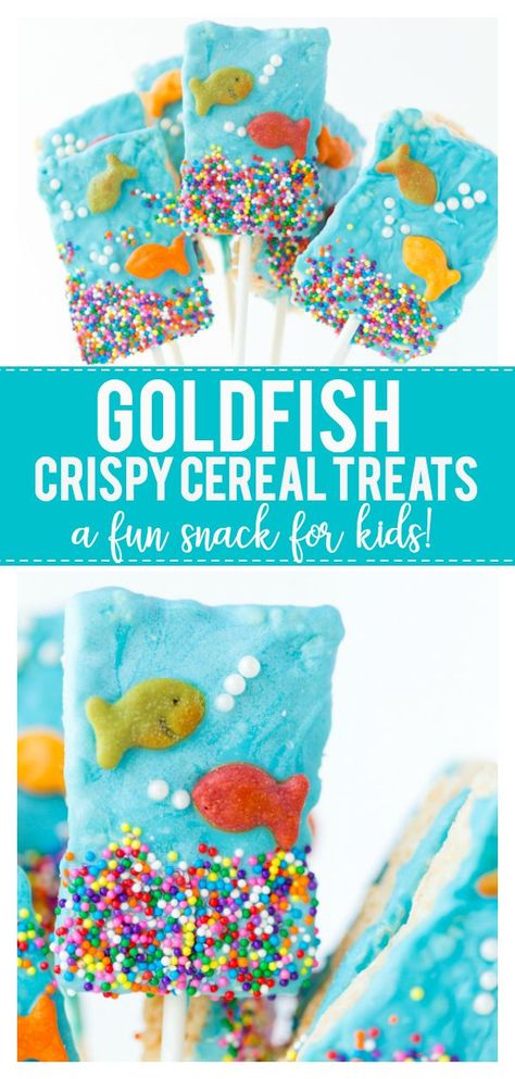 These Goldfish Crispy Cereal Treats are the perfect summer treat! Rice Krispie treats with a touch of blue candy melts, friendly goldfish and sprinkles makes this a fun treat for the kids! They are great for birthday parties, pool parties and more! #easyrecipes #kidfriendlyrecipes #funfood #sillyfood #recipes Pool Party Rice Krispie Treats, Beach Rice Krispie Treats, Under The Sea Rice Crispy Treats, Blue Rice Krispie Treats, Kid Cooking, Summer Shenanigans, Cooking Kids, Maple Recipes, 4 Birthday