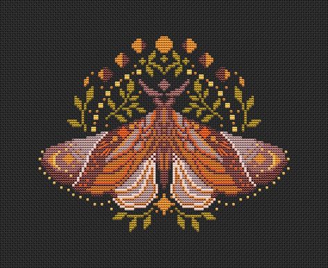 Cross Stitch Celestial, Cross Stitch Repeating Pattern, Cross Stitch Patterns Cottagecore, Moon Phase Cross Stitch, Lunar Moth Pixel Art, Celestial Cross Stitch Patterns, Bug Cross Stitch Pattern, Moth Cross Stitch Pattern Free, Whimsical Cross Stitch