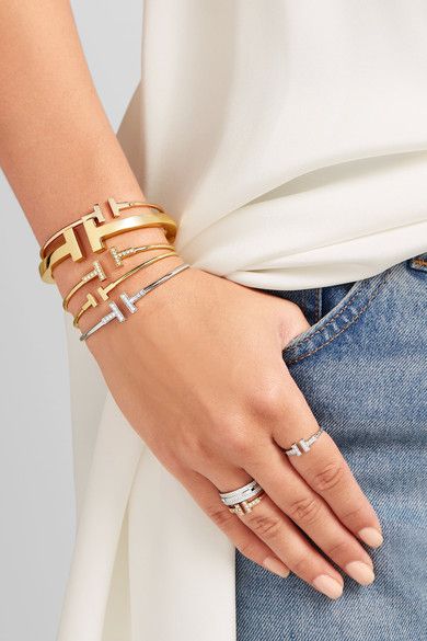 Anyone stack T Collection Wire Bracelets? - PurseForum Gold Bracelet Stack, Jewelry Stack, Tiffany And Co Bracelet, Tiffany And Co Jewelry, Tiffany T, Tiffany Bracelets, Jewelry Photoshoot, Jewelry Bracelets Gold, Wire Bangles