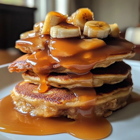 Delicious Banana Buttermilk Pancakes with Irresistible Caramel Sauce Banana Buttermilk Pancakes, Caramel Pancakes, Buttermilk Banana Pancakes, Banana Caramel, Banana Buttermilk, Banana Waffles, Recipes Appetizers And Snacks, Ripe Bananas, Buttermilk Pancakes