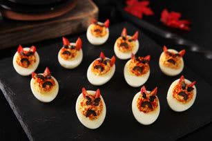 Little-Devil-Deviled-Eggs-52919 Pickles Tomatoes, Halloween Eggs, Devil Eggs, Halloween Deviled Eggs, Stuffed Eggs, Perfect Deviled Eggs, Halloween Potluck, Best Egg Recipes, Diy Halloween Party