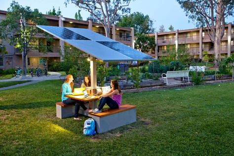 When Chapman University sought an opportunity for students to be exposed to solar at their school, they discovered Sunbolt solar workstations.  Interesting sustainability project! Concrete Bench Outdoor, Solar Canopy, Outdoor Library, Solar Charging Station, Chapman University, Ing Civil, Solar Umbrella, Sustainability Projects, Flexible Solar Panels