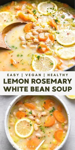 Rosemary White Bean Soup, Soup Quick, Bean Soup Recipes, Lemon Rosemary, Vegan Soup Recipes, White Bean Soup, Vegan Soups, Sopot, White Bean