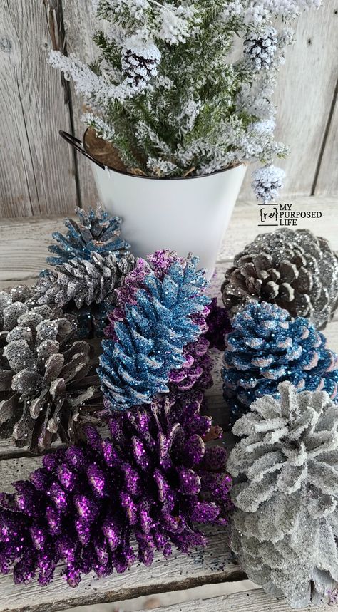 Colorful Glittered Pine Cones - My Repurposed Life® Rescue Re-imagine Repeat Large Pine Cones, Glitter Projects, Cones Diy, 1000 Lifehacks, Recycling Projects, Repurposing Ideas, Christmas Easy, Pine Cone Art, Diy Pinecone