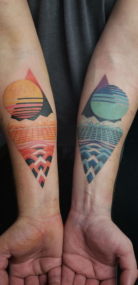 Outrun style landscapes done by J.C. Capila at The Fall Tattooing Vancouver BC Resonance Tattoo, Cubist Tattoo, Synthwave Tattoo Ideas, Traditional River Tattoo, Synthwave Tattoo, Traditional Sci Fi Tattoo, Vaporwave Tattoo, Gta Tattoo, 80s Tattoo Ideas