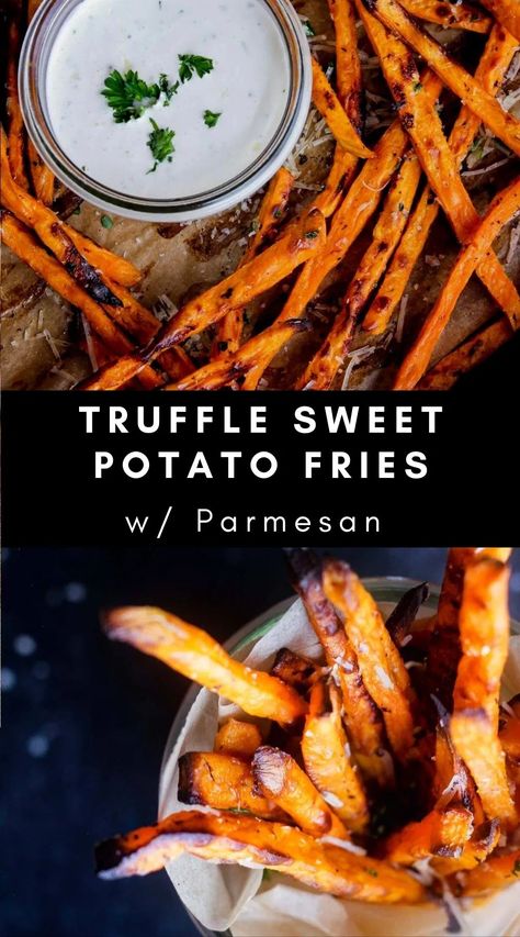 These rich and flavorful truffle sweet potato fries offer a double dose of truffle flavor and are tossed in parmesan, fresh parsley, and black pepper. Naturally gluten-free. #trufflesweetpotatofries #trufflefries #parmesansweetpotatofries #parmesanfries #ovenbakedsweetpotatofries Parmesan Sweet Potato Fries, Sour Cream Dipping Sauce, Making Sweet Potato Fries, Baked Sweet Potato Fries, Sweet Potato Fries Baked, Healthy Brunch Recipes, Truffle Fries, Salad With Sweet Potato, Dinner Side Dishes