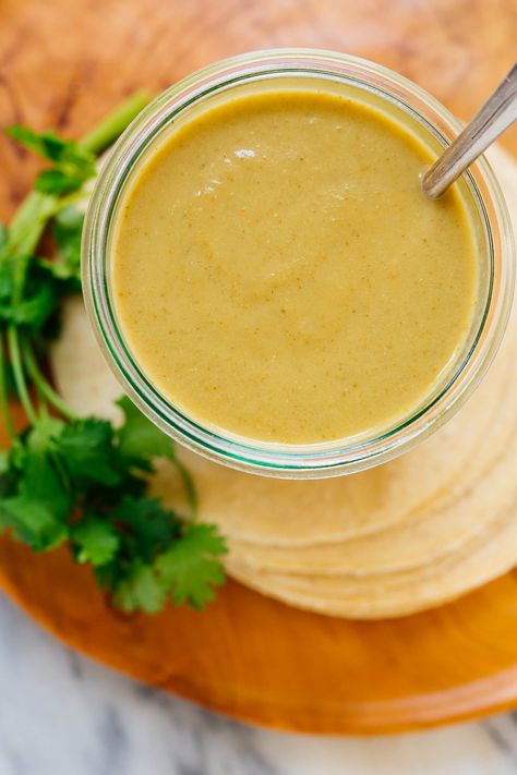 This green enchilada sauce is so easy to make with three simple ingredients! It will take your enchiladas to the next level. Gluten free. Green Chili Enchilada Sauce Recipe, Green Enchilada Sauce Recipe, Enchilada Sauce Recipe, Green Chili Enchiladas, Cookie And Kate, Kate Green, Recipes With Enchilada Sauce, Vegetarian Mexican, Green Enchilada Sauce