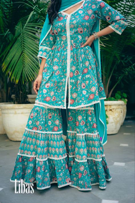 Cotton Gharara Suits, Floral Plazo Suit, Design With Laces On Suits, Printed Indian Dress, Printed Sharara Suit Indian Designers, Sharara Suit Designs Latest Cotton, Frock Suit Design With Laces, New Plazo Suit Design Cotton, Cotton Sarara With Kurti