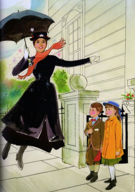 Mary Poppins 1960's book illustration Mary Poppins Movie, Mary Poppins Party, Mary Poppins 1964, Art Of Disney, Golden Books, Ink And Watercolor, Disney Theme Parks, Mary Poppins, Little Golden Books