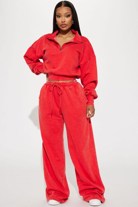 Available In Red And Orange. Wide Leg Joggers Elastic Waistband Mineral Washed Pair With "Rested Lounge Pullover" Disclaimer: Due To The Specialized Wash Process, Each Garment Is Unique. 80% Cotton 20% Polyester Imported | Rested Lounge Wide Leg Jogger in Red size Small by Fashion Nova Lounge Wear Black, Sweat Suits Outfits, Wide Leg Joggers, Red Joggers, Fashion Nova Outfits, Joggers Outfit, Stylish Summer Outfits, Corporate Outfits, Red And Orange