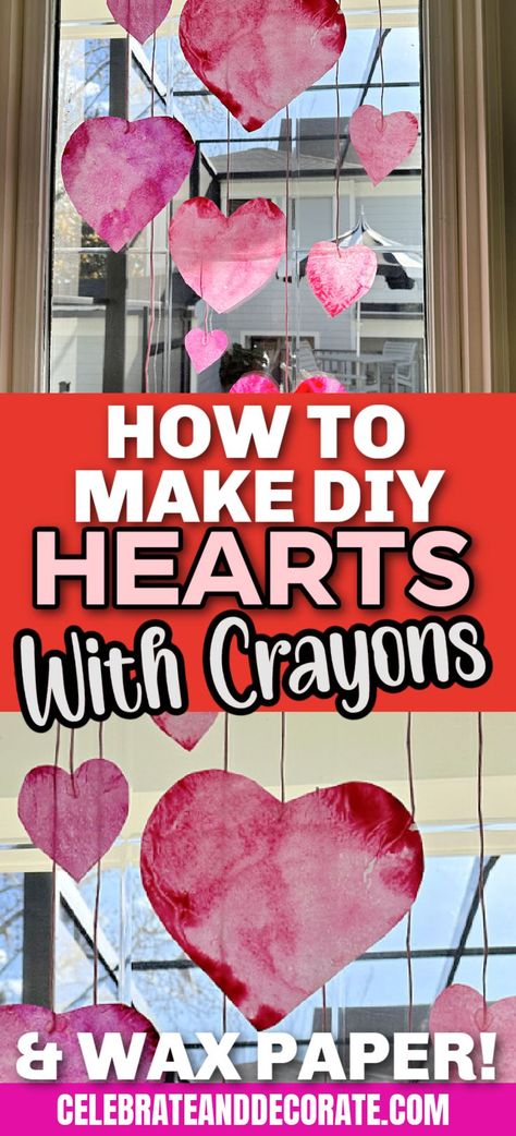 These translucent hanging hearts are easy to make from waxed paper and crayons. Read on to learn how to create them and color your room with cheer. Waxed Paper, Easy Valentine Crafts, Valentine Craft, Wax Crayons, Diy Pins, Simple Valentine, Hanging Hearts, How To Make Diy, Heart Decorations