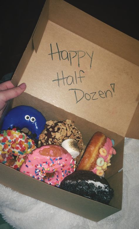 HAPPY HALF DOZEN! I love this idea and since it's going to be 6 months with my boyfriend, I thought I would suprise him.♥�️ #6months #relationship #donuts Cute Things To Do For Your Boyfriend For 6 Months, 6 Months Present For Boyfriend, Suprise Birthday For Girlfriend, What To Get Your Boyfriend For 6 Months, Happy 6 Months Boyfriend, Suprise Idea For Boyfriend, 6 Months Gifts For Boyfriend, Boyfriend Suprises, Happy Half Dozen