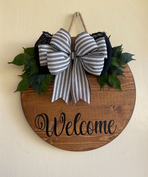 SHOP FAITH ROSE DESIGNS on ETSY! Welcome Round Wood Sign, Faith Rose, Early American Stain, Welcome Door Sign, Welcome Signs Front Door, Monogram Door Hanger, Welcome Door Hanger, Welcome Door Signs, Wood Wreath