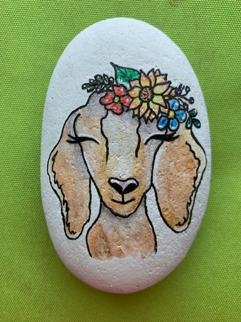 Goat Painted Rocks, Goat Rock Painting, Goat Paintings Easy, Cute Goat Painting, Goat With Flowers, Xmas Paintings, Goat Watercolor, Watercolor Goat, Cartoon Goat