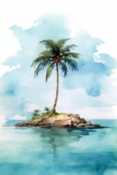 Island Drawing Aesthetic, Watercolor Island Paintings, Watercolor Summer Art, Tropical Watercolor Paintings, Watercolor Art Beach, Watercolor Island, Watercolor Beach Painting, Island Drawing, Island Watercolor