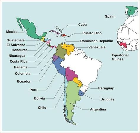 Globally, there are more than a dozen Hispanic countries and one territory: Argentina, Bolivia, Chile, Colombia, Costa Rica, Cuba, Dominican Republic, Ecuador, El Salvador, Guatemala, Honduras, Mexico, Nicaragua, Panama, Paraguay, Peru, Puerto Rico, Spain, Uruguay and Venezuela. Spanish Speaking Countries Map, Latin America Map, Hispanic Countries, Spanish Notes, Listening Activities, Spanish Games, Spanish Lessons For Kids, Spanish Worksheets, Spanish Lesson Plans