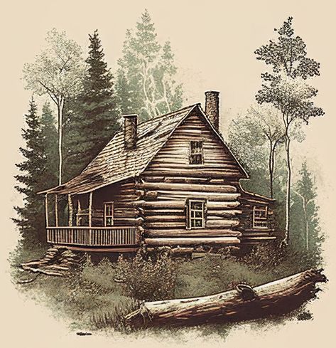 Thia vintage log cabin picture is a stunning piece of art that captures the rustic charm of a bygone era. Depicts a cozy log cabin nestled in a picturesque forest, complete with a log and two chimneys. The vintage style of the drawing adds to the nostalgia, making it a perfect addition to any rustic or vintage-themed decor. Rustic Cabin Design, Vintage Log Cabin, Cabin Farmhouse, Cozy Log Cabin, Cabin Retreat, Log Cabin Rustic, Rustic Log Cabin, Window Drawing, Cabin Art