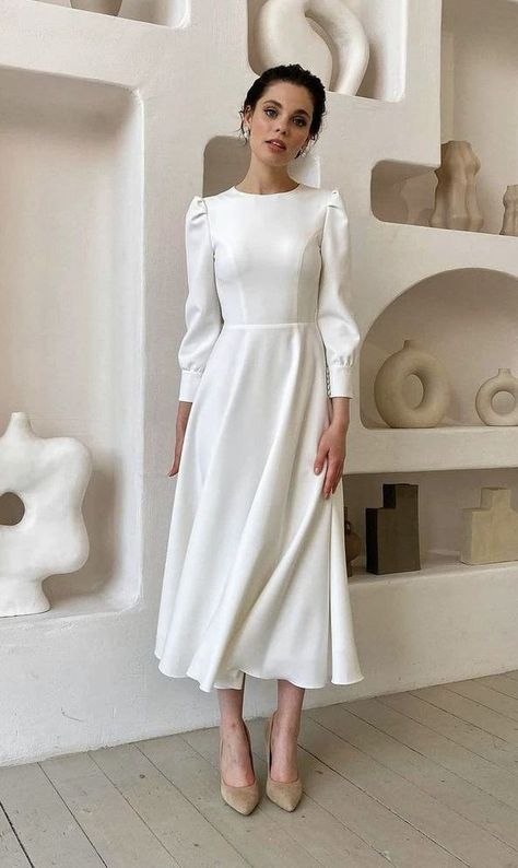 Elegant Midi Dress Classy Simple, Dresses With Sleeves Elegant, Simple Elegant Dresses, Wedding Dresses 2022, Classy Midi Dresses, Wedding Dresses Elegant, Elegant Wedding Dresses, Midi Wedding Dress, Simple White Dress