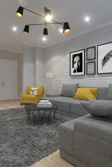 Yellow And Grey Living Room, Small Apartment Decorating Living Room, White Brick Wall, Luxury Sofa Design, Classy Living Room, Small Apartment Living Room, Small Apartment Living, White Brick, Living Room Decor Apartment