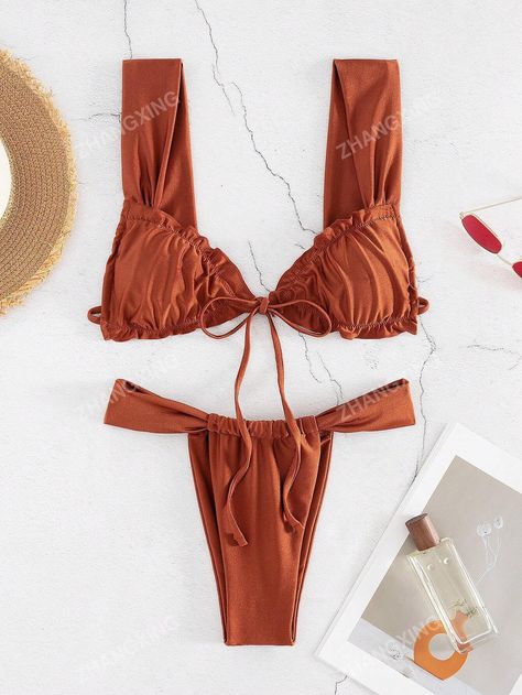 New Fashion Sexy Solid Color Bikini Set Women's Split Type With Rope Tie And Ruffled Hem Bathing Suit For Summer BeachI discovered amazing products on SHEIN.com, come check them out! Athletic Bikinis, Suit For Summer, Solid Color Bikinis, Rope Tie, Swimming Beach, Athletic Women, Amazing Products, Women Swimsuits