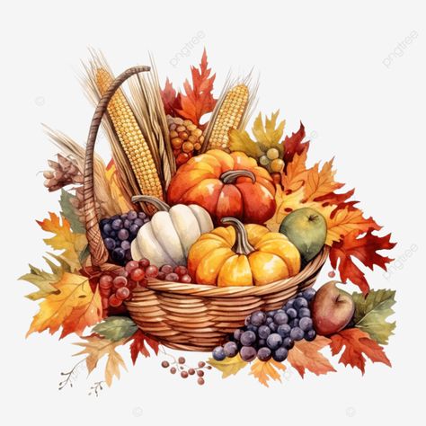 Thanksgiving Baskets, Harvest Basket, Watercolor Images, Art Clipart, Fall Harvest, Fall Thanksgiving, Painting Style, Watercolor Clipart, Leaf Prints