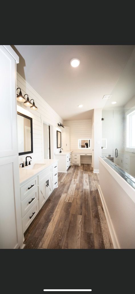 Split Vanity Master Bath, Separate Vanities In Master Bath, Bathroom Closet Combo Layout, Split Bathroom, Farmhouse Master Bath, Master Bath Layout, Wood Floor Bathroom, Master Bath Design, Girl Apartment Decor