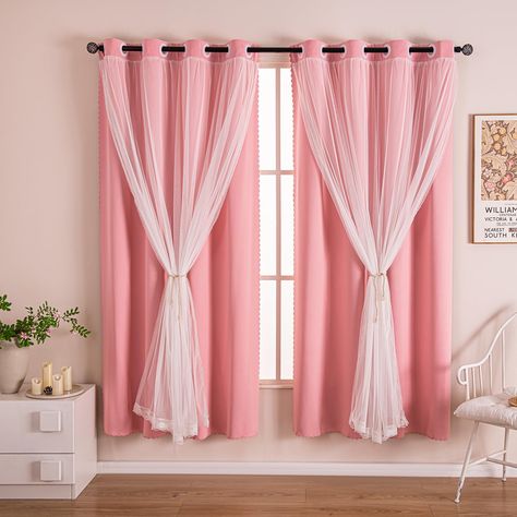 PRICES MAY VARY. Product Packaging: Each package includes 2 panels double layer blackout curtain 63 inches length and 2 matching tieback. Grommet top inner diameter is 1.6 inch, can fit the curtain rod up to 1-1/2 inch. Nano grommet design easy to hang and almost mute to slide,it's perfect for decor kids room Double Layer Design: The innovative combination of polyester fabric curtains and high-quality tulle increasing the overall taste of the home,is a good choice for home curtains. This pink cu