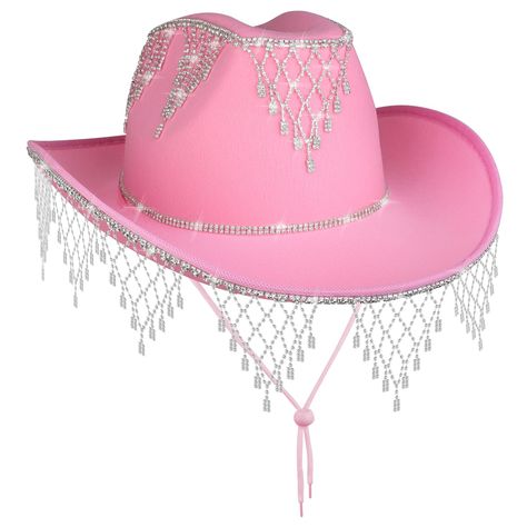 PRICES MAY VARY. 🤠【Pink Cowgirl Hat】- This cowgirl hat with rhinestones and fringe is sure to make you stand out from the crowd! The rhinestone detailing and fringe accents add a touch of sparkle and glamour to bachelorette party outfit. 👒【One Size Fits All】- This cowgirl hat is perfect for a variety of occasions, whether you're looking to add some Western flair to your everyday look or dress up for a special event. It measures 11.8 x 15.2 x 3.9 inches, and the lightweight and comfortable desi Pink Bedazzled Cowboy Hat, Pink Sparkly Cowboy Hat, Cowgirl Hat With Rhinestones, Bridal Cowgirl, Gold Lace Up Heels, Rhinestone Cowboy Hat, Western Barbie, Pink Cowgirl Hat, Rhinestone Cowboy