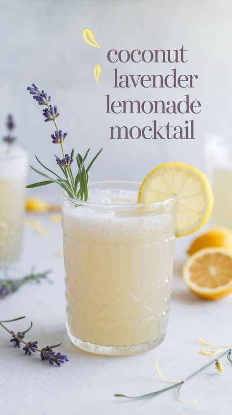 "Discover the perfect summer refreshment with this Coconut Lavender Lemonade Mocktail Recipe! This delightful non-alcoholic beverage combines the tropical flavors of coconut with the soothing essence of lavender, creating a refreshing mocktail that's ideal for hot days. Enjoy this easy-to-make lemonade recipe as a standout among summer drinks. Perfect for gatherings or a relaxing afternoon, this lavender-infused drink is a must-try for anyone seeking refreshing mocktails.!" Spring Drink Recipes Nonalcoholic, Pitcher Recipes Non Alcoholic, Not Sweet Mocktail, Wedding Shower Drinks Non Alcoholic, Coconut Punch Non Alcoholic, Large Batch Non Alcoholic Drinks, Superbowl Mocktails Non Alcoholic, Carbonated Drink Recipes, Non Alcoholic Lemonade Drinks