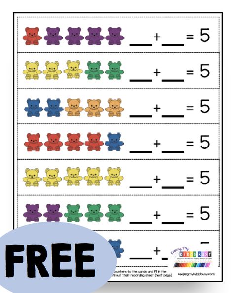 Students practice sums of 5 with this addition center - fluently add and subtract within 5 - facts of five - free kindergarten and first grade math lessons #kindergartenmath #addition #freeactivity Addition Math Centers, Free Math Centers, Kindergarten Math Free, Kindergarten Math Worksheets Free, Addition Kindergarten, Math Centers Kindergarten, Prek Math, Math Notes, Kindergarten Math Activities