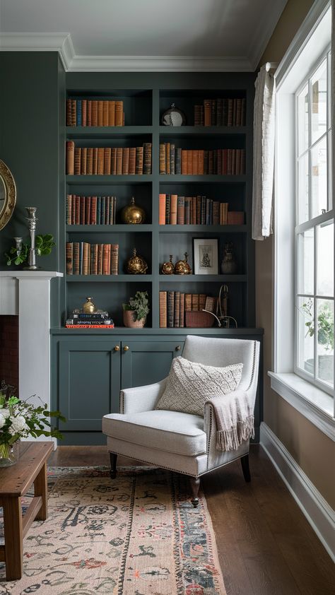 Cottages Living Room 23 Ideas: Inspiring Designs for Cozy and Stylish Spaces Cottage Built In Bookcase, Built In Bookshelves Paint Color, Front Room Library Ideas, Interior English Cottage, Colorful Bookshelves Paint, Cottage Library Room, English Snug Room, Small Living Room With Bookshelves, Dark Green Built In Bookcase