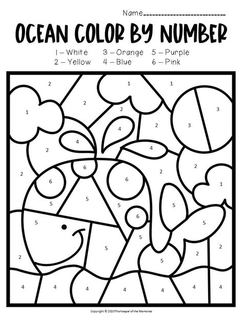 Color by Number Ocean Preschool Worksheets Whale Ocean Color By Number, Ocean Activities Preschool, Ocean Preschool, Color By Number Coloring Pages, Number Coloring Pages, Number Search, Ocean Theme Preschool, Ocean Coloring Pages, Ocean Theme Classroom