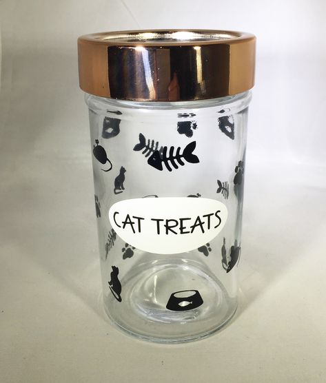 Cat Treat Jar - Cat Treat Container - Cat Treat Jar with Stainless Steel, Shiny Silver or Copper Colored Window Lid Cat Treat Jar, Cats Name, Diy Vinyl Projects, Glass Bell Jar, Dog Treat Jar, Treat Jar, Kitchen Jars, Treat Jars, Jar Diy