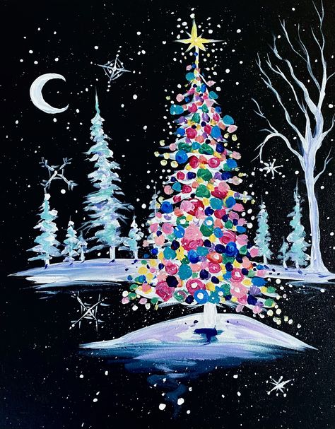 Paint Nite On-Demand: Snowy Christmas Night with Wendy Anderson ART BASH Black Canvas Paintings Christmas, Canvas Christmas Painting Ideas For Kids, Colorful Christmas Painting, Winter Christmas Painting, Christmas Town Painting, Christmas Drawing On Canvas, Winter Candle Painting, Spooky Christmas Painting, Easy Holiday Painting