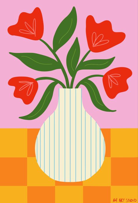 Painting Ideas Tulips, Cool Simple Painting Ideas, Flowers Illustration Simple, Beginner Art Ideas, Flower Vase Illustration, Matisse Flowers, Still Life Illustration, Graphic Painting, Flower Still Life