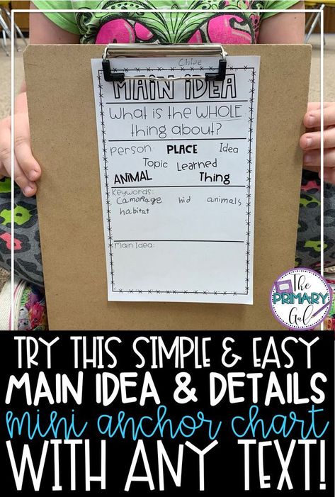 Anchor charts can be so helpful! In this post, I show you an easy-to-use anchor chart that my upper elementary students & I use to help us decide the main idea of the passage. I walk you through how my 3rd, 4th, and 5th graders & I use this reusable main idea anchor chart to determine key words AND write a main idea statement. I have even included a FREEBIE! Snag the FREE printable mini anchor chart at the bottom of the post! {special education, third, fourth, fifth grade, reading compre Nonfiction Main Idea, Fifth Grade Reading, Main Idea Lessons, Main Idea Anchor Chart, Special Education Reading, Reading Disabilities, Teaching Main Idea, Educational Tips, Education Poster Design