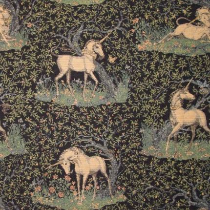 Guinevere Medieval Mystical Unicorn Celtic Medieval Dark Blue And Cream Curtain and Upholstery Fabric | Guinevere Medieval Mystical Unicorn from Loome Fabrics Medieval Wallpaper, Medieval Fabric, Cream Curtain, Medieval Unicorn, Celtic Medieval, Mystical Unicorn, Medieval Princess, Tapestry Curtains, Medieval Aesthetic