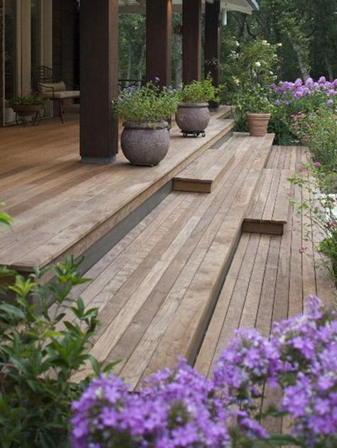 Outdoor stairs are beautiful architectural elements that enrich house designs, connect home interiors with yards, and welcome guests Taman Air, Deck Steps, Wooden Terrace, Wooden Deck, Deck Stairs, Front Deck, Outdoor Stairs, Have Inspiration, House With Porch