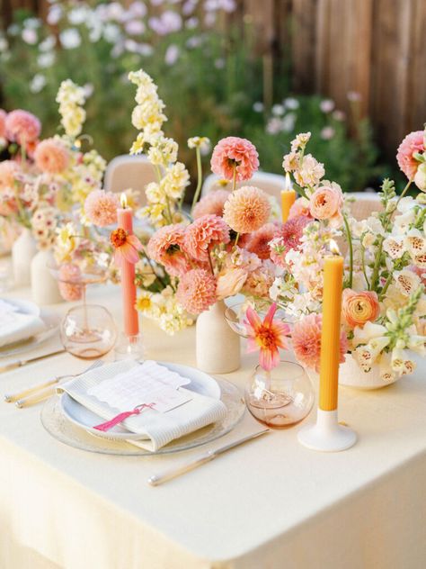 A Summer Bridal Shower Brunch | meagbreanneevents.com Sunset Wedding Table Decorations, Sunrise Flower Bouquet, Sunrise Wedding Theme, Floral Engagement Party, Picnic Moodboard, Aesthetic Garden Party, Bridal Garden Party, Sunset Meadow, Bouquet Styles