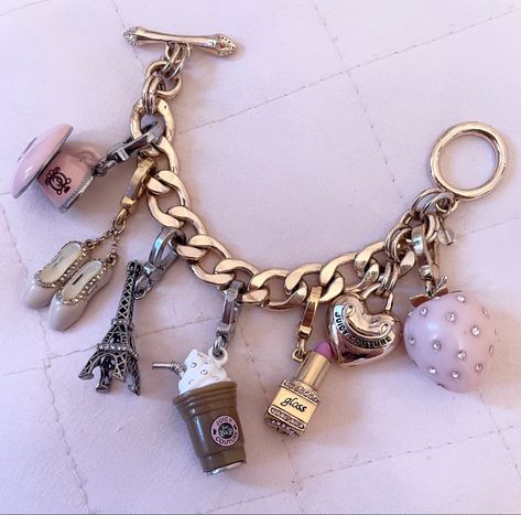 2000s Charm Bracelet, Juicy Charm Bracelet, Y2k Charm Bracelet, 2010s Jewelry, Juicy Couture Charm Bracelet, Tower Makeup, 2010 Jewelry, Hanna Marin Aesthetic, 2000 Accessories