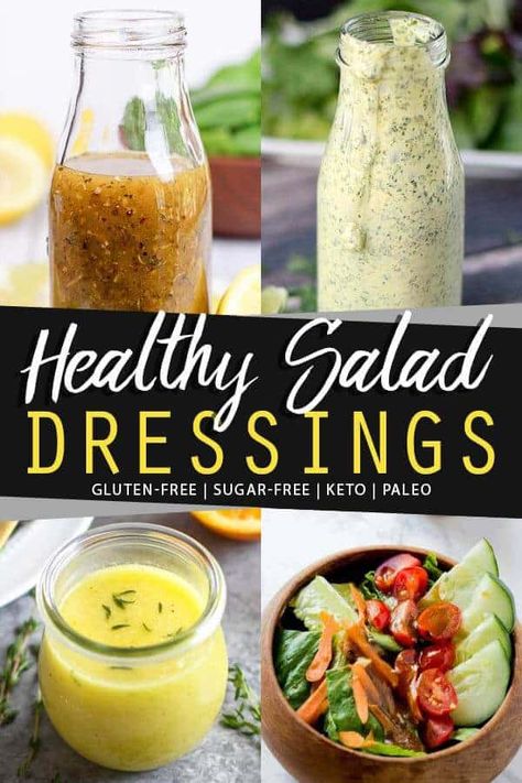 A short guide on healthy salad dressings, with a list of sugar free and gluten free recipes using fresh and whole ingredients. Sugar Free Salad Dressing, Healthy Salad Dressings, Sugar Free Dressing, Healthy Dressing Recipes, Healthy Dressing, Gluten Free Salads, Salad Dressing Recipes Homemade, Healthy Salad Dressing, Homemade Salads