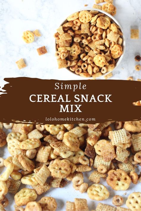 This Cereal Snack Mix Recipe is a little sweet and savory. A perfect mix of flavors and very easy to make. Always a crowd pleaser! Cereal Snack Mix Recipes Kids, Dry Cereal Snacks, Marry Me Snack Mix Recipe, Cereal Trail Mix Recipes, Honey Comb Cereal Snack Ideas, No Bake Snack Mix Recipes, Cereal Snack Mix Recipes, Crispix Snack Mix Recipe, Cereal Recipes Snacks