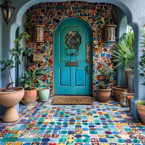 Mexican Style Homes Exterior, Door Entrance Ideas, Front Door Entrance Ideas, Unique Front Door, Rustic Front Door Decor, Arched Doorways, Unique Front Doors, Entryway Tile, Rustic Front Door