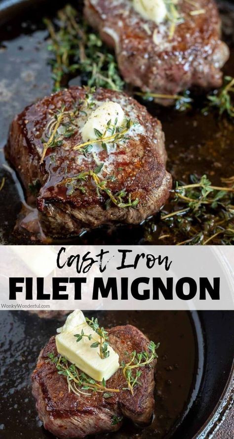 Cooking Filet Mignon in Cast Iron Pan is the easiest way. Pan seared filet mignon gets finished off in the oven for a great outer crust and juicy, tender inside. Top with herbs and butter for the ultimate steak dinner recipe. #filetmignonrecipes #filetmignon #steakrecipes #dinnerrecipes #easydinnerrecipes #lowcarbrecipes #ketorecipes Cast Iron Filet Mignon, Pan Seared Filet, Seared Filet Mignon, Pan Seared Filet Mignon, Cast Iron Skillet Recipes Dinner, Filet Recipes, Steak Dinner Recipes, Cast Iron Skillet Cooking