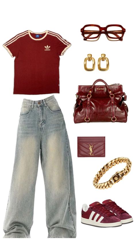 adidas tshirt dark red miu miu bag ysl wallet adidas campus gold jewellery Adidas Tshirt Outfit, Red Tshirt Outfit, Ysl Wallet, Bag Ysl, Adidas Tshirt, Tshirt Outfit, Miu Miu Bag, Adidas Campus, Red Adidas