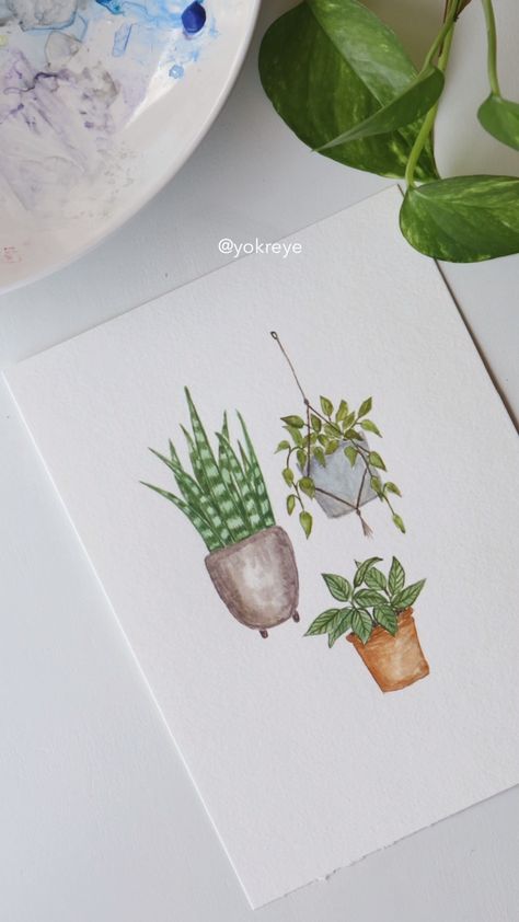 Watercolor Potted Plants Tutorial, Watercolor Succulents Easy, Watercolor House Plants, Watercolor Plants Tutorial, Watercolor Plants Simple, Watercolor Art Plants, Cute Watercolor Ideas, Watercolour Plants, Plants Watercolor