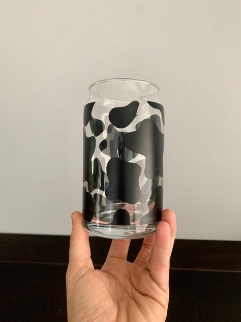 Mason Jar Art, Cow Print Design, Jar Art, Cow Print, Beer Can, Mason Jar, Shot Glass, Mason Jars, Water Bottles