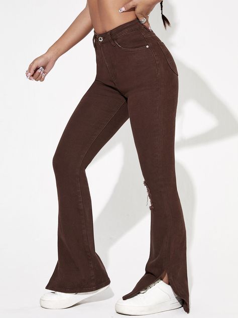 Chocolate Brown    Denim Plain Bootcut Embellished Medium Stretch  Women Denim Split Hem Jeans, Brown Denim, High Waisted Flares, Cute Boots, Hem Jeans, Split Hem, Outfit Idea, Chocolate Brown, Denim Women