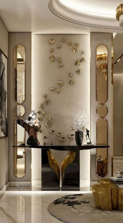 Room Passage Design, Passage Wall Design Modern, Passage Wall Decor Ideas, Entry Passage Design, Entrance Passage Design, Luxury Console Entrance, Passage Wall Design, Foyer Wall Decor, Entrance Console Table